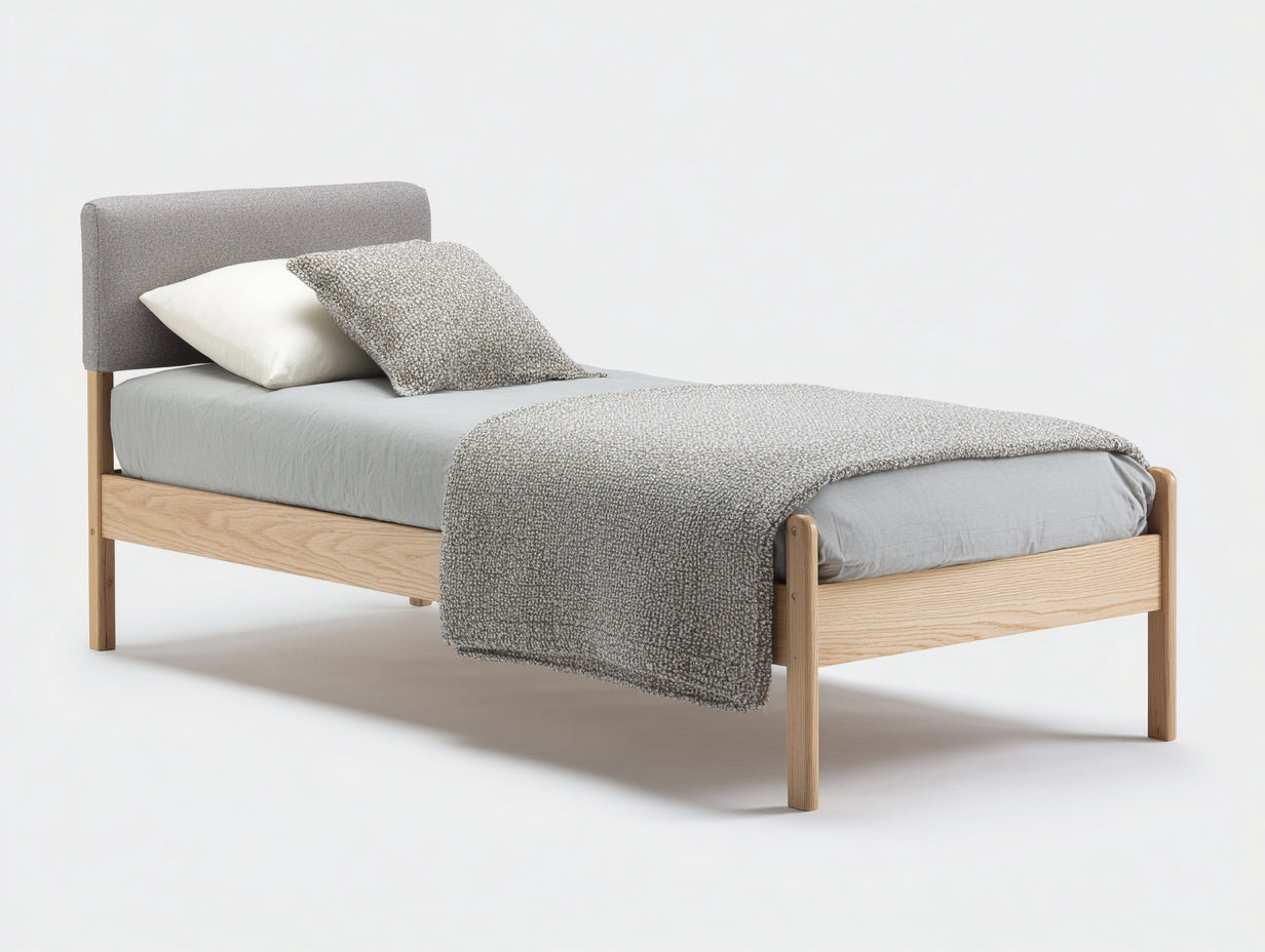 Lit simple - Bois-Tissu - 201x101x97 cm - Chêne clair-Gris - Minimaliste