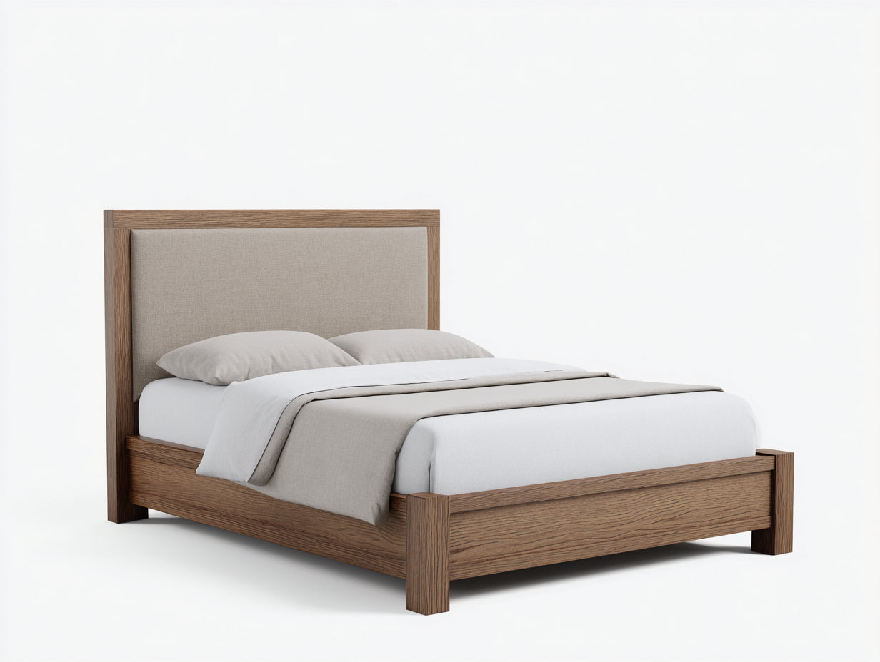 Lit double - Bois-Tissu - 207x187x112 cm - Chêne brun-Beige - Transitionnel