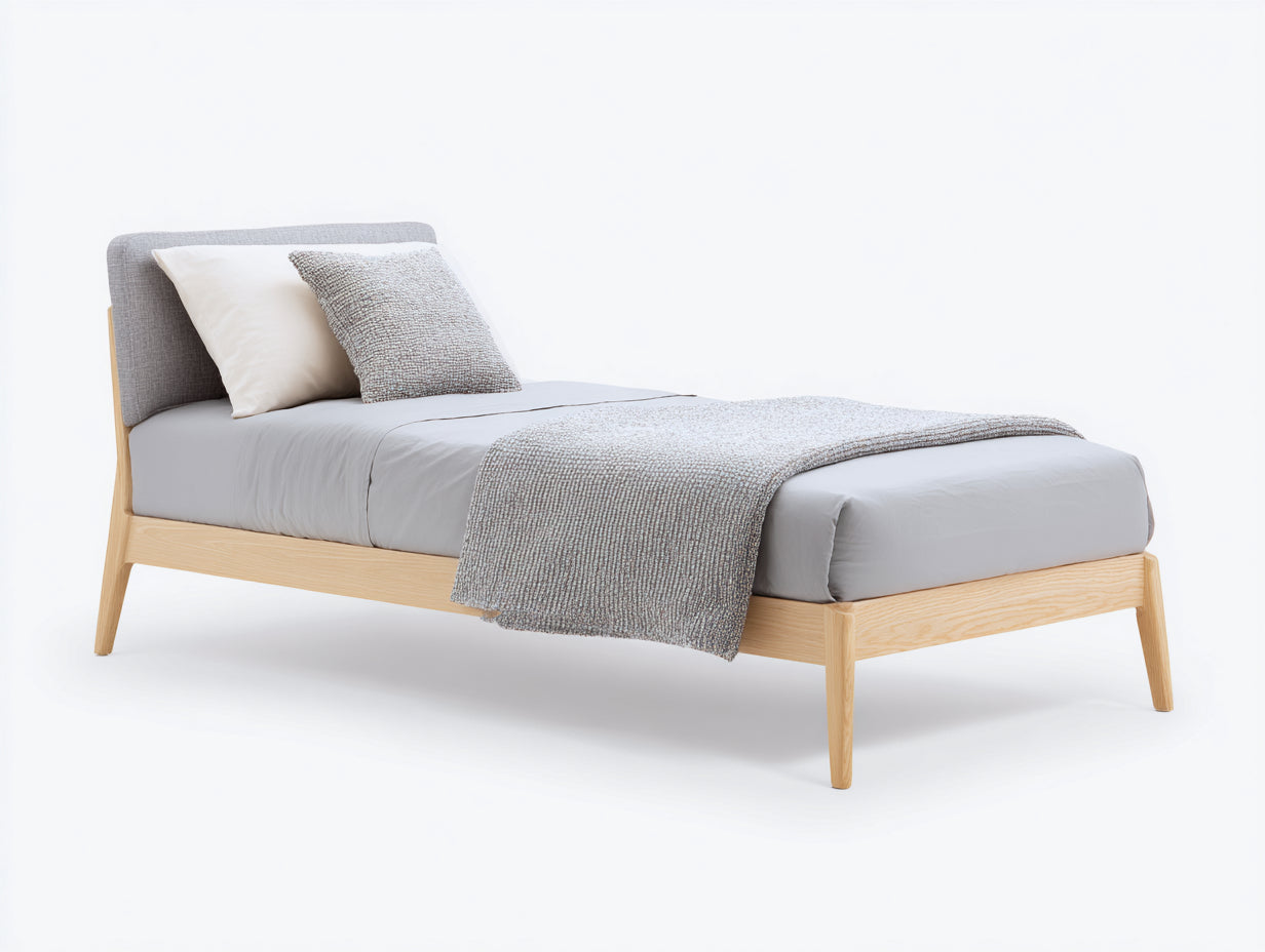 Lit simple - Bois-Tissu - 202x102x101 cm - Chêne clair-Gris clair - Scandinave