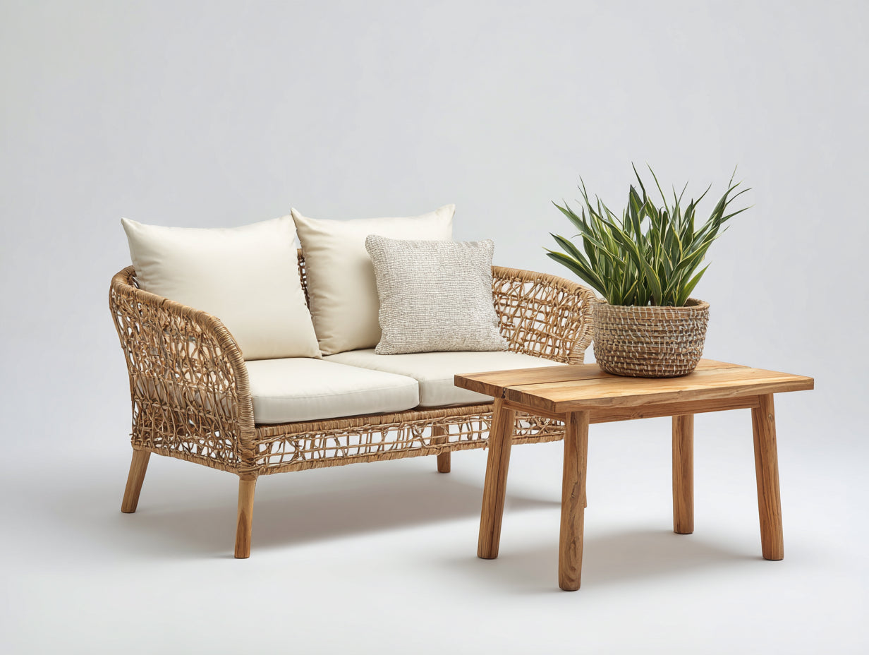 Canapé de jardin-rotin-bois-145x78x82 cm-naturel-crème-style bohème