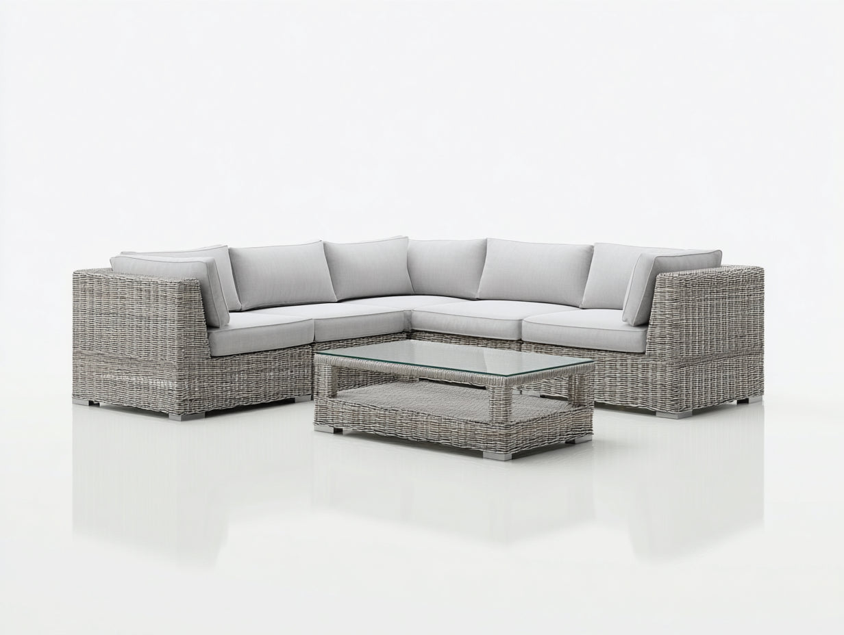 Canapé de jardin-résine tressée-verre trempé-255x255x76 cm-gris clair-style moderne
