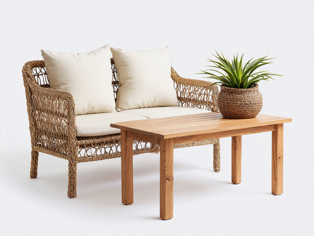 Canapé de jardin-rotin-bois-136x80x82 cm-naturel-crème-style bohème