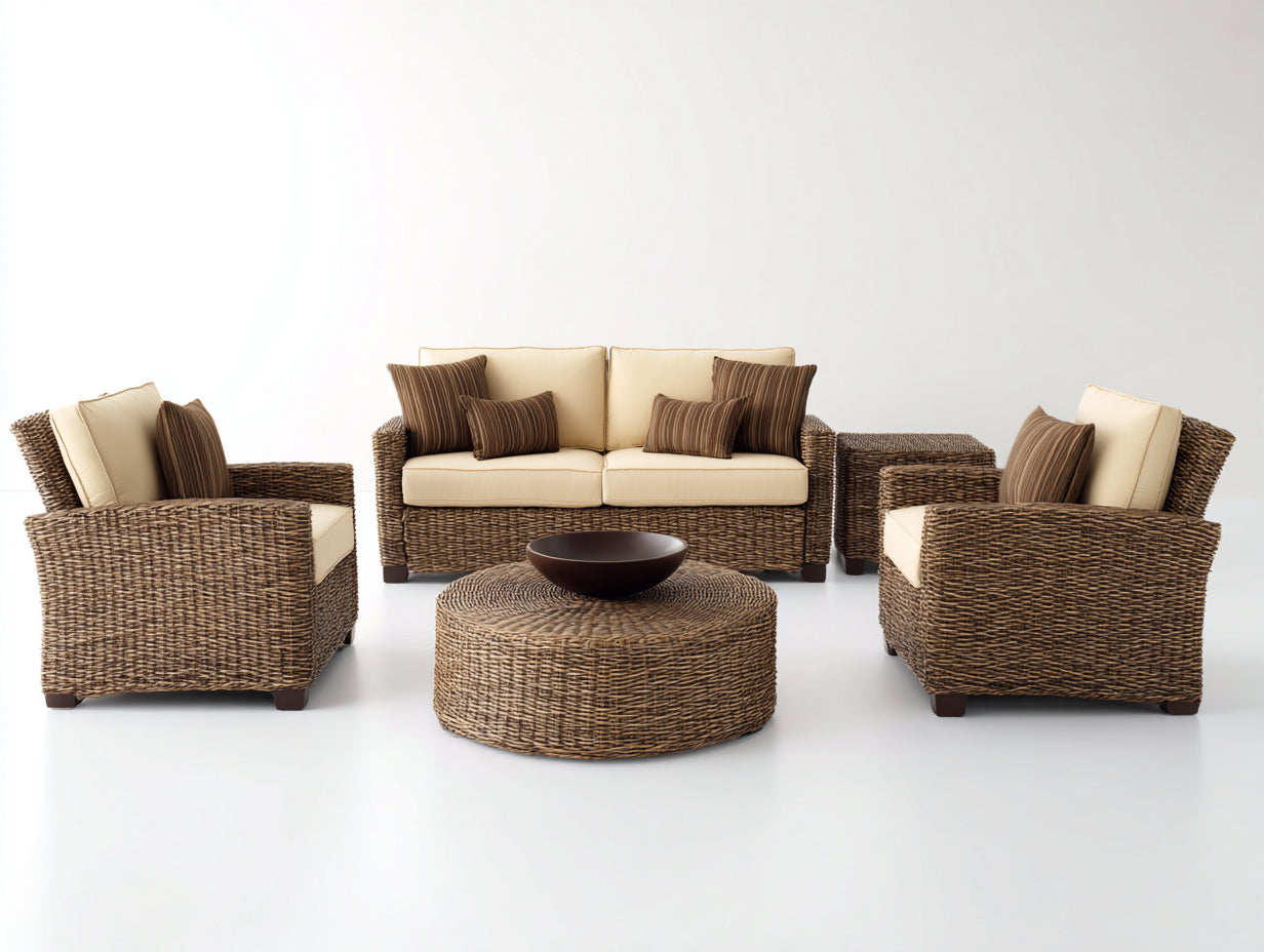 Canapé de jardin-résine tressée-bois-178x88x82 cm-brun-crème-style contemporain
