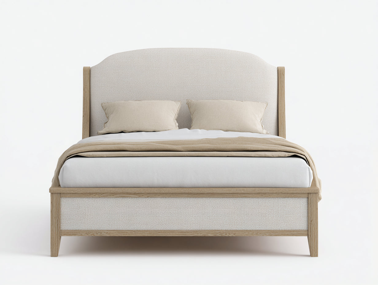 Lit double - Bois-Tissu - 208x188x117 cm - Chêne clair-Beige - Classique moderne