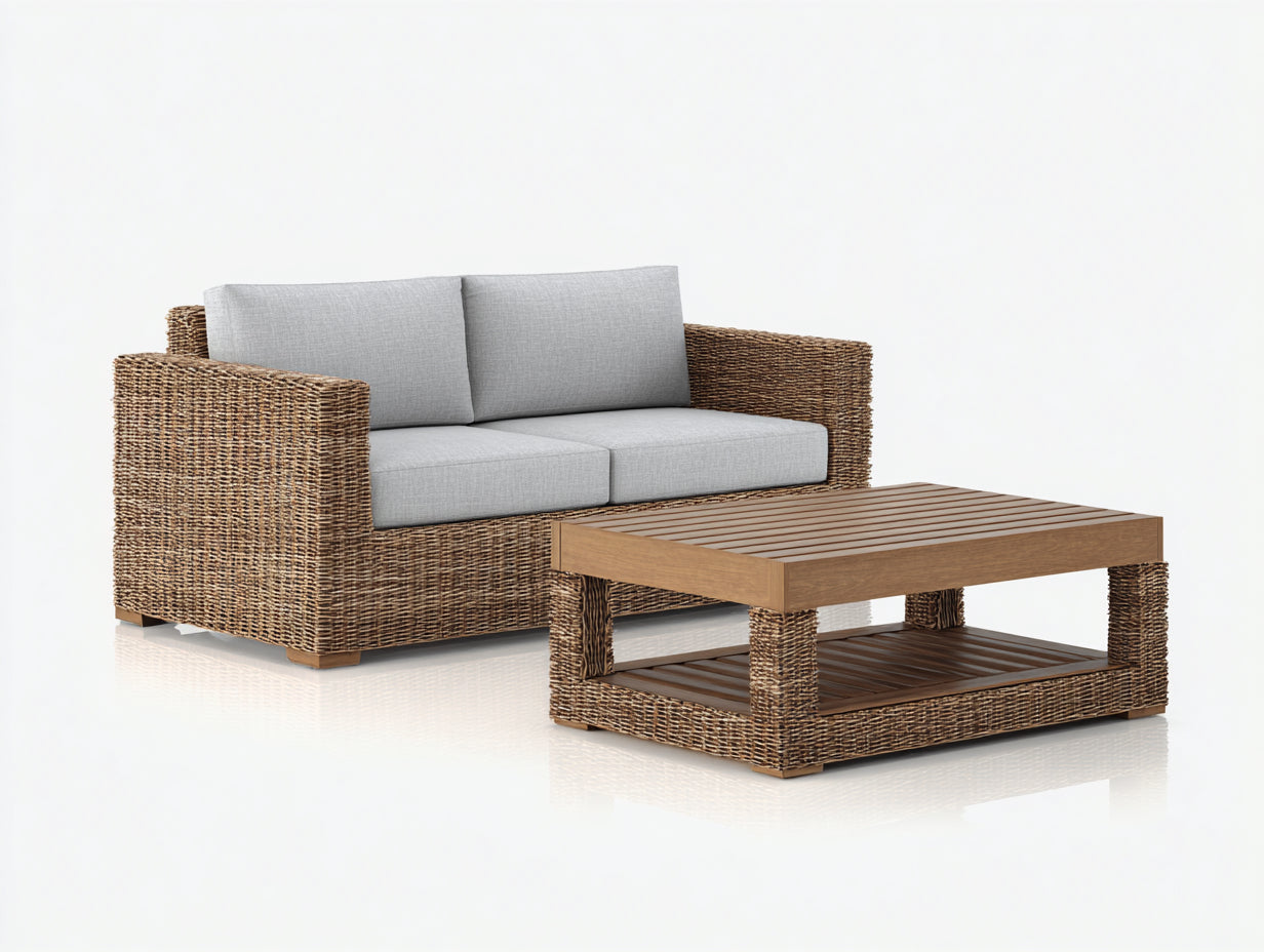 Canapé de jardin-résine tressée-bois-168x84x78 cm-naturel-gris clair-style contemporain