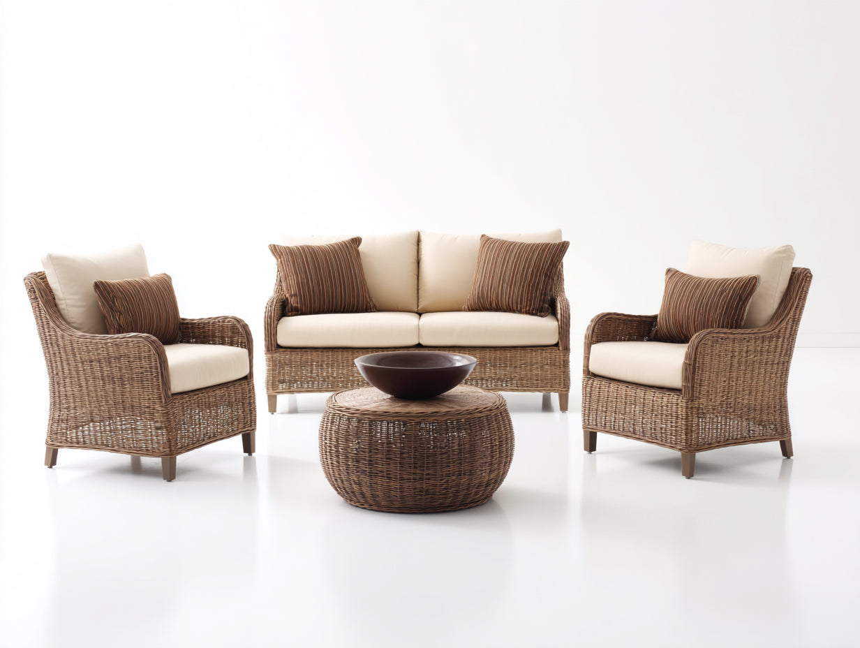 Canapé de jardin-résine tressée-bois-176x86x82 cm-naturel-crème-style classique