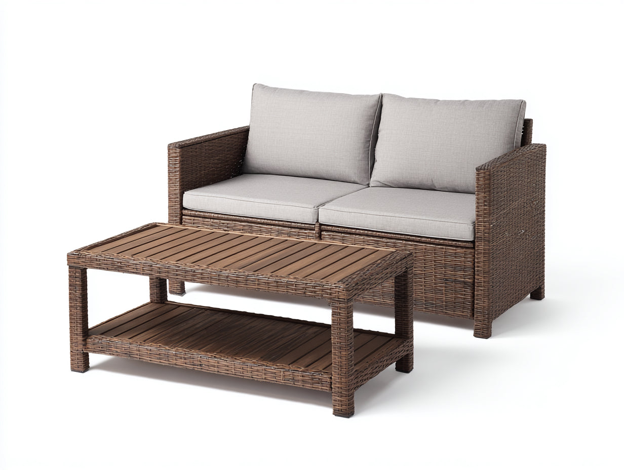 Canapé de jardin-résine tressée-bois-168x84x78 cm-brun-gris clair-style contemporain