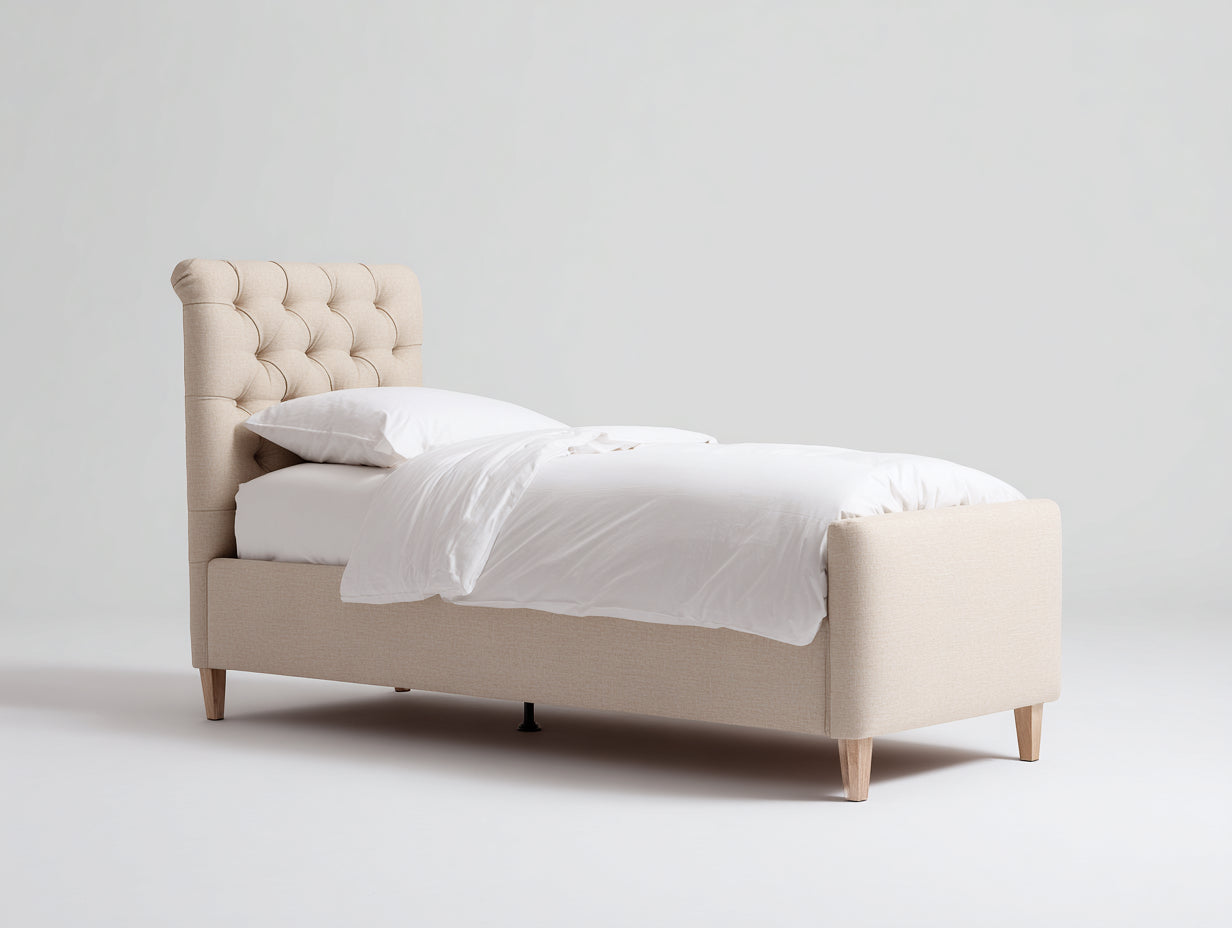 Lit simple - Tissu-Bois - 205x105x118 cm - Beige-Bois naturel - Classique moderne