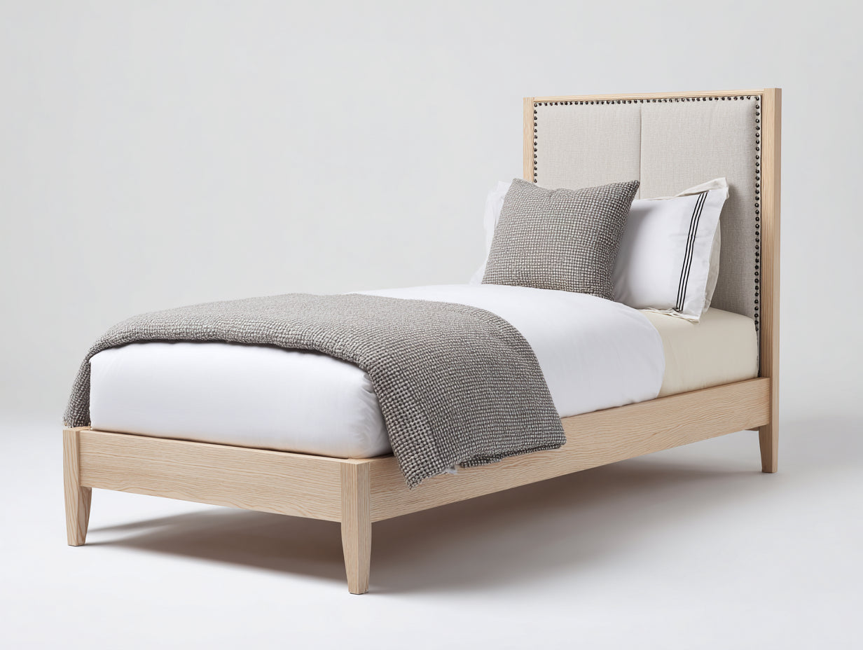 Lit simple - Bois-Tissu - 203x103x114 cm - Chêne clair-Beige - Classique élégant