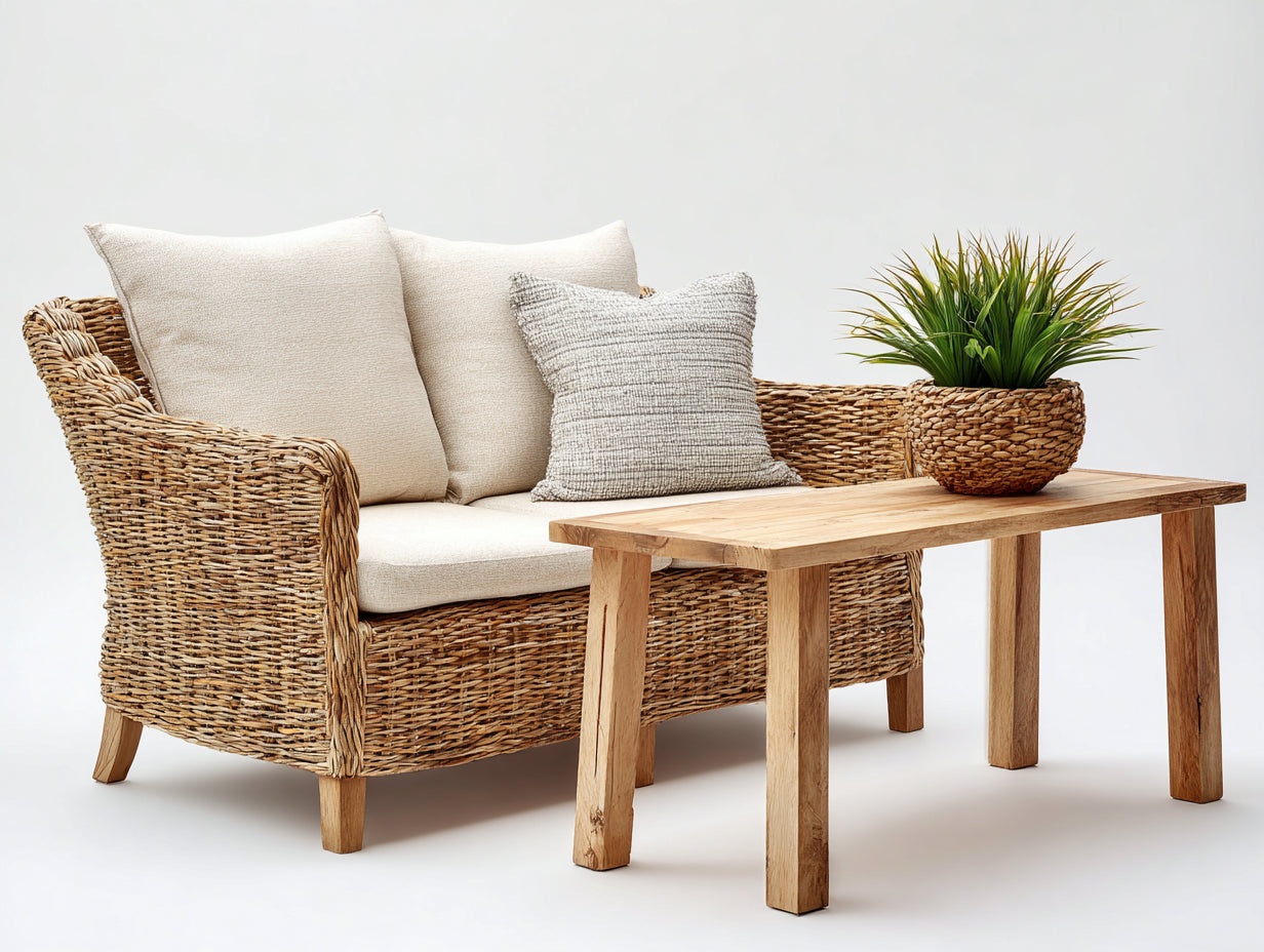 Canapé de jardin-rotin-bois-138x82x84 cm-naturel-crème-style bohème