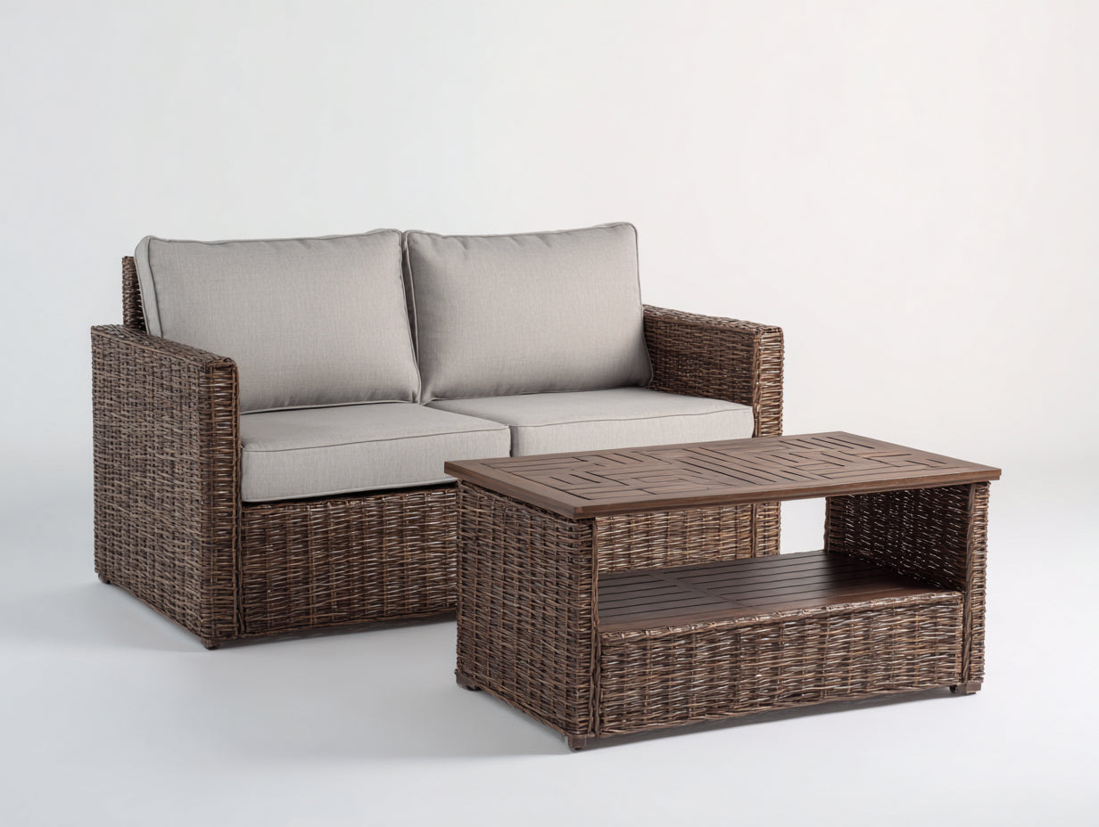 Canapé de jardin-résine tressée-bois-165x82x78 cm-brun-gris clair-style contemporain