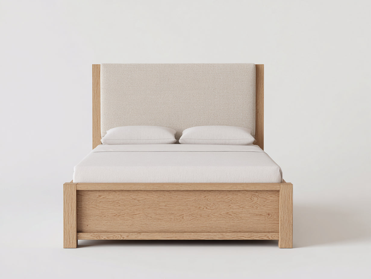 Lit double - Bois-Tissu - 209x189x121 cm - Chêne clair-Beige - Contemporain