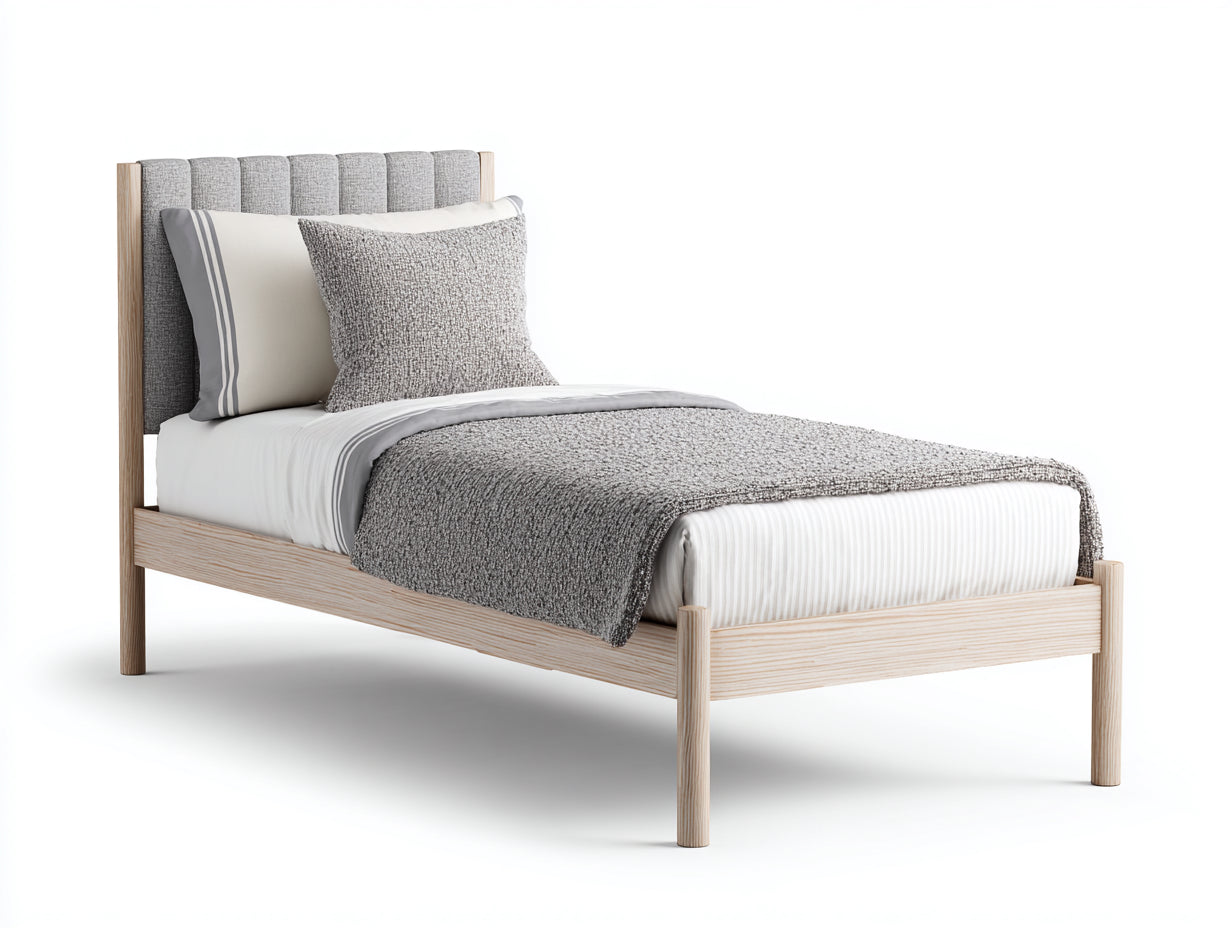 Lit simple - Bois-Tissu - 204x104x108 cm - Chêne clair-Gris - Contemporain