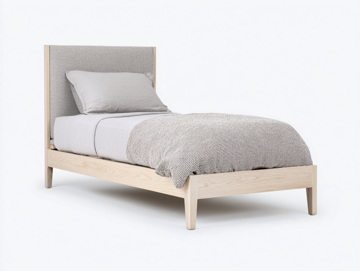 Lit simple - Bois-Tissu - 202x102x105 cm - Chêne clair-Grège - Moderne